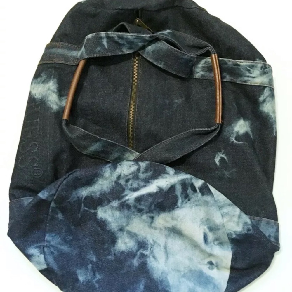 Guess Navy Blue Tie-Dye Canvas Tote with Brown Accent - Picture 6 of 10